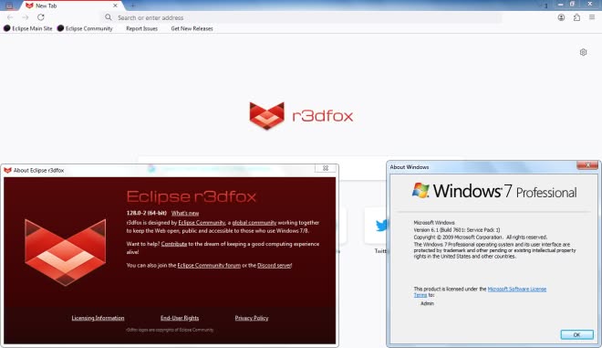 r3dfox home page showing about and winver on Windows 7.