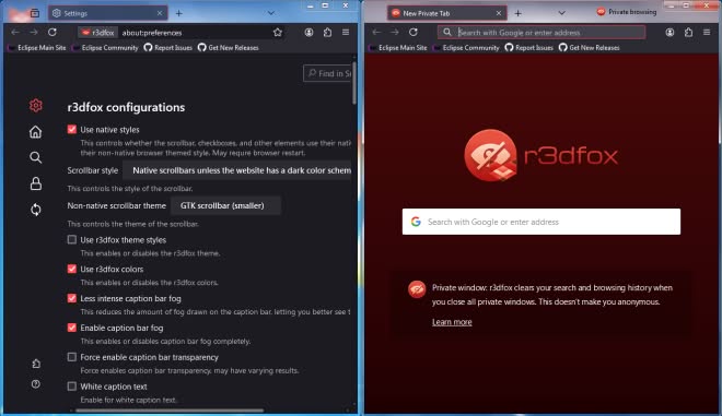 r3dfox settings page and private browsing window with theme styles turned off but colors on.