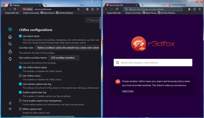 r3dfox settings page and private browsing window with theme styles turned on but colors off.